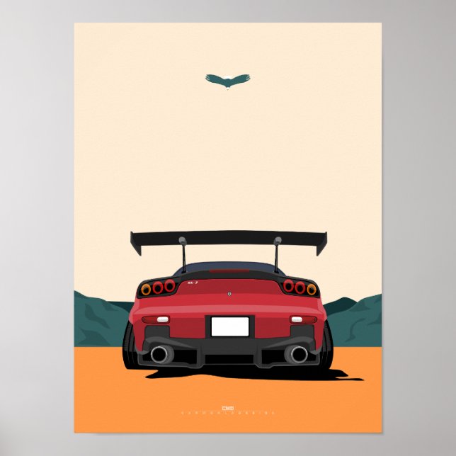 Póster Ilustración artística del JDM Red RX-7 vista trase (Frente)
