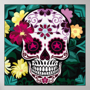 Póster ilustracion artístico de flor de calavera, cráneo,
