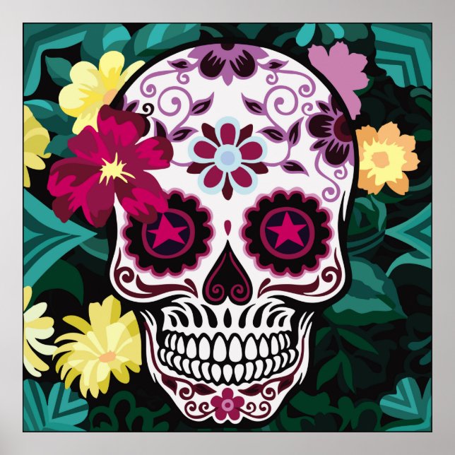 Póster ilustracion artístico de flor de calavera, cráneo, (Frente)
