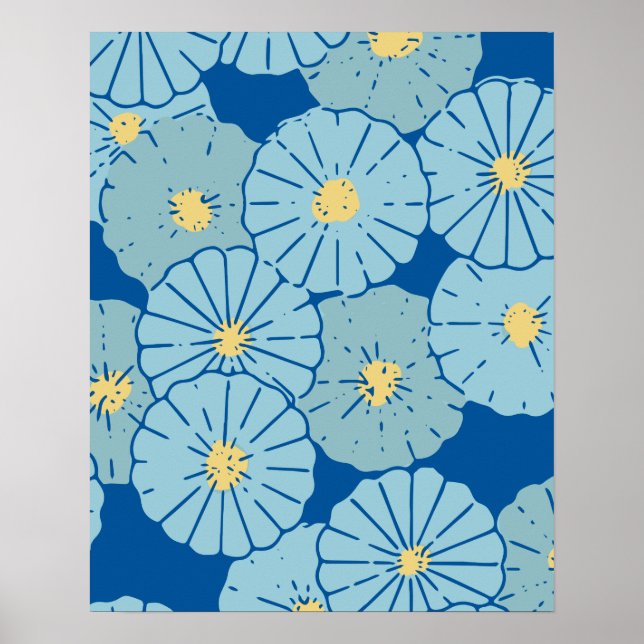 Póster Ilustracion azul de patrón floral japonés (Frente)