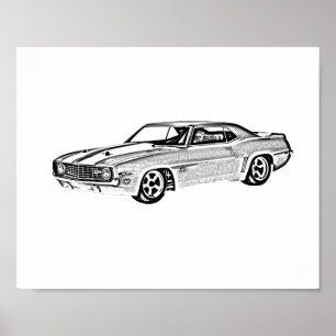Póster Ilustracion blanco y negro Camaro Z28