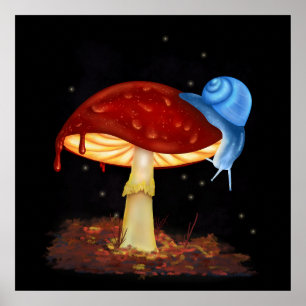 Póster Ilustracion Blue Snail Red Mushroom