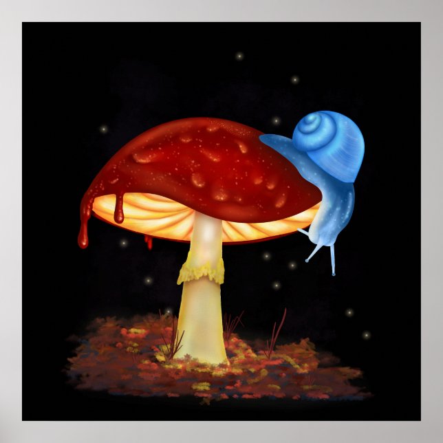 Póster Ilustracion Blue Snail Red Mushroom (Frente)