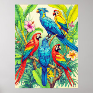 Póster Ilustración Botánica de Aves Tropicales