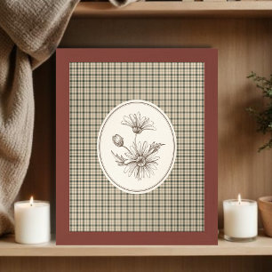Póster Ilustración Botánica Floral Gingham Vintage