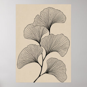 Póster Ilustración botánica minimalista de hoja de Ginkgo