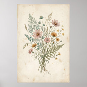 Póster Ilustración Botánica Vintage de Flores Silvestres