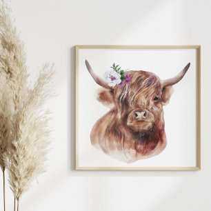 Póster Ilustracion bovino escocés rústico de vaca Highlan