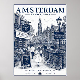 Póster Ilustración callejera de bicicletas vintage en los