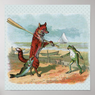 Póster Ilustración caprichosa de playa con zorro y rana v