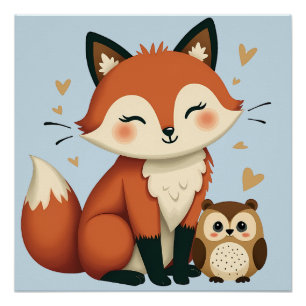 Póster Ilustración caprichosa del bosque de zorro y búho