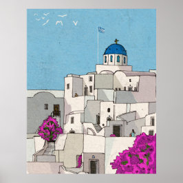 Póster Ilustracion caprichoso de Oia Santorini Island Gre