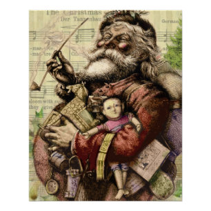Póster Ilustracion clásico Merry Santa Claus Tree