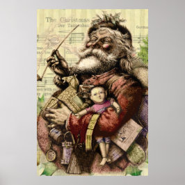 Póster Ilustracion clásico Merry Santa Claus Tree