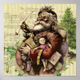 Póster Ilustracion clásico Merry Santa Claus Tree