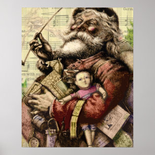 Póster Ilustracion clásico Merry Santa Claus Tree