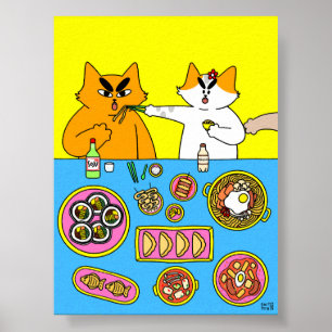 Póster Ilustración Colorida de Gato Comiendo Comida Corea