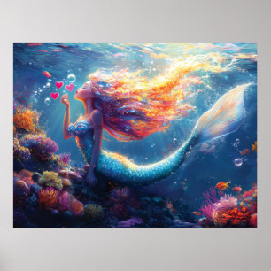 Póster Ilustración Colorida de Sirena Subacuática