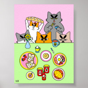 Póster Ilustración Colorida del Club de Desayuno Gato Coc