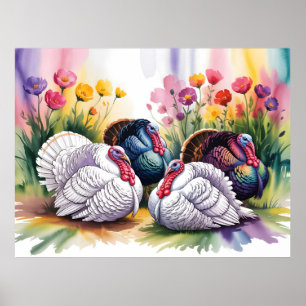 Póster Ilustración Colorida en Acuarela de Pavos