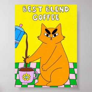 Póster Ilustración Colorida Retro de Gato de Café