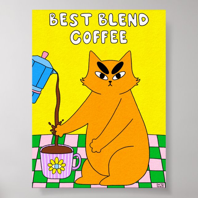 Póster Ilustración Colorida Retro de Gato de Café (Frente)