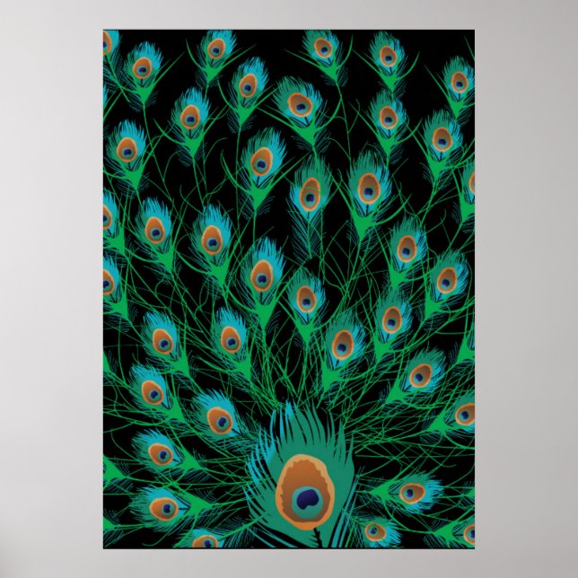 Póster Ilustracion con plumas de pavo real en negro (Frente)