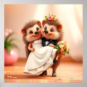 Póster Ilustración con tema de boda de dos erizos lindos
