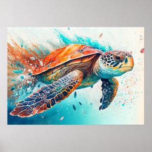 Póster Ilustración Creativa de Tortuga Nadando