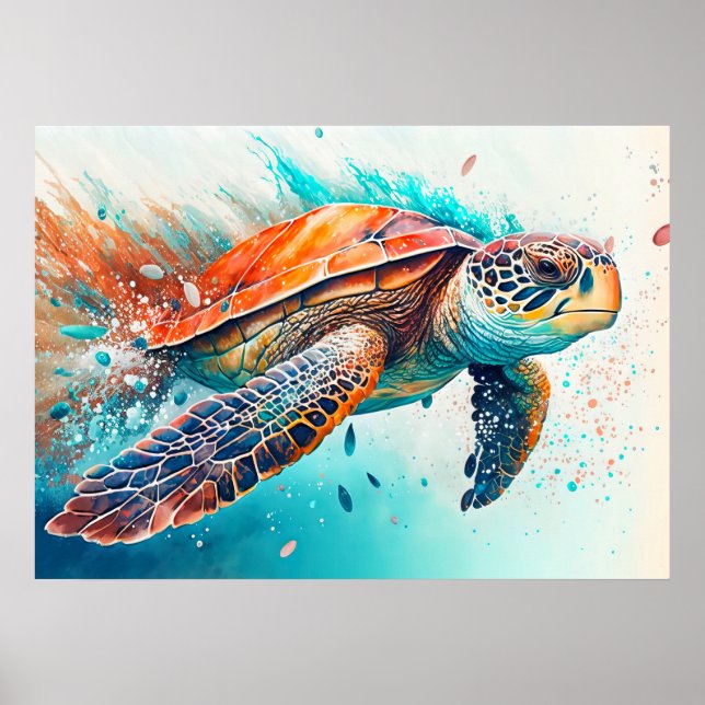 Póster Ilustración Creativa de Tortuga Nadando (Frente)