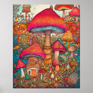 Póster Ilustración creativa retro psicodélica de hongos