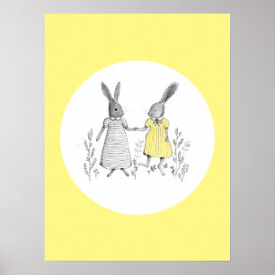 Póster Ilustracion Cute Dancing Rabbits Nursery Ryhme