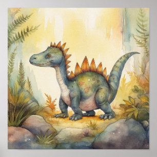 Póster Ilustracion Cute Dinosaur Watercolor Storybook