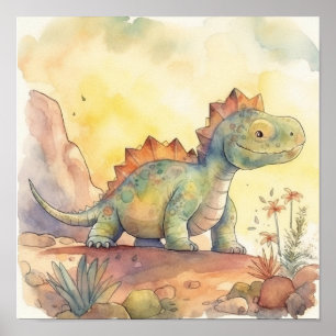 Póster Ilustracion Cute Dinosaur Watercolor Storybook