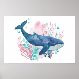 Póster Ilustracion Cute Humpback Whale acuarela Pequeño