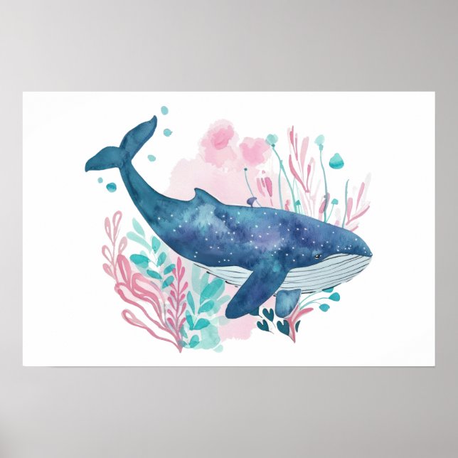 Póster Ilustracion Cute Humpback Whale acuarela Pequeño (Frente)