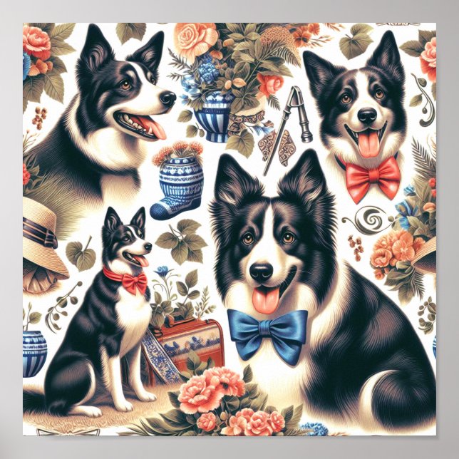 Póster Ilustracion Cute Vintage Border Collie (Frente)