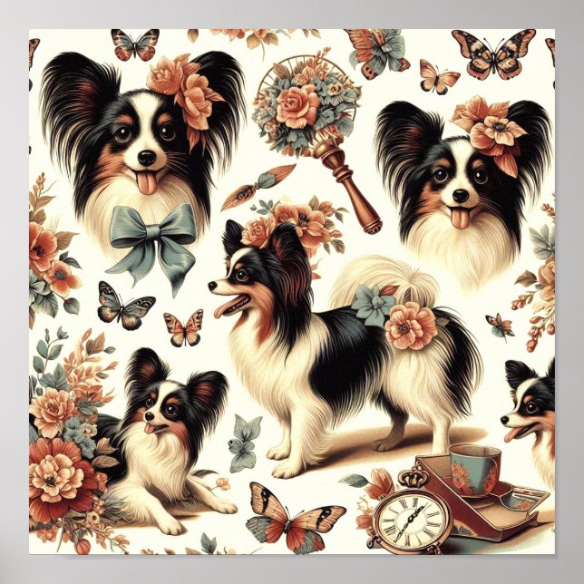 Póster Ilustracion Cute Vintage Papillon Dog (Frente)
