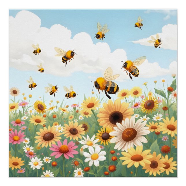 Póster Ilustración de abejas y flores lindas (Anverso)