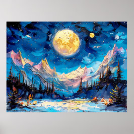 Póster Ilustracion de acuarela abstracta sobre luna llena