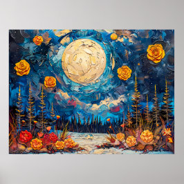 Póster Ilustracion de acuarela abstracta sobre luna llena