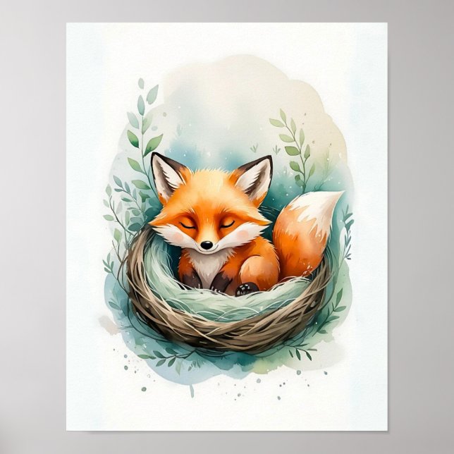 Póster Ilustracion de acuarela de Fox Resting Nest (Frente)