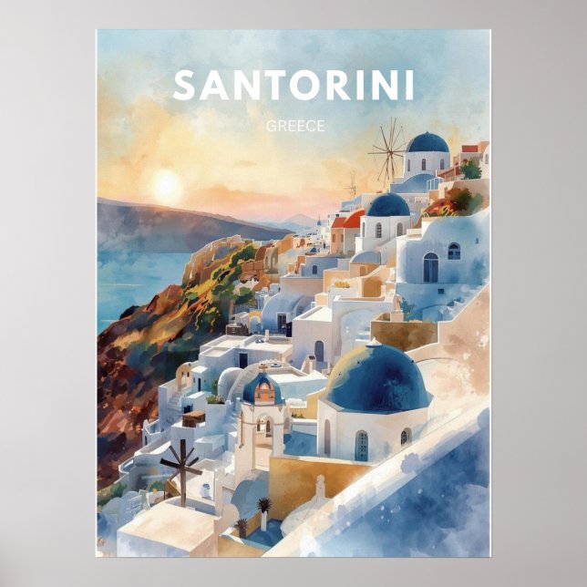 Póster Ilustración de Acuarela de Santorini Viajes (Frente)