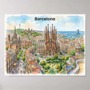 Póster Ilustración de Acuarela del Paisaje Urbano de Barc