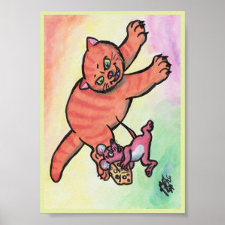 Póster Ilustración de acuarela gato ratón queso caricatur
