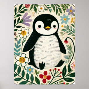 Póster Ilustración de amantes de pingüinos con flores sil