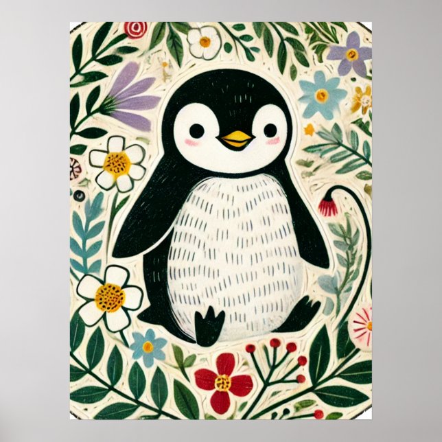 Póster Ilustración de amantes de pingüinos con flores sil (Frente)
