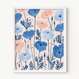 Póster Ilustración de amapolas rosadas y azules