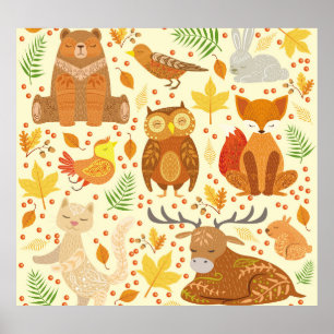 Póster Ilustracion de animales forestales ornamentales.