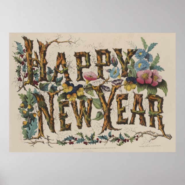 Póster Ilustracion de Año Nuevo Vintage Happy (1876) (Frente)